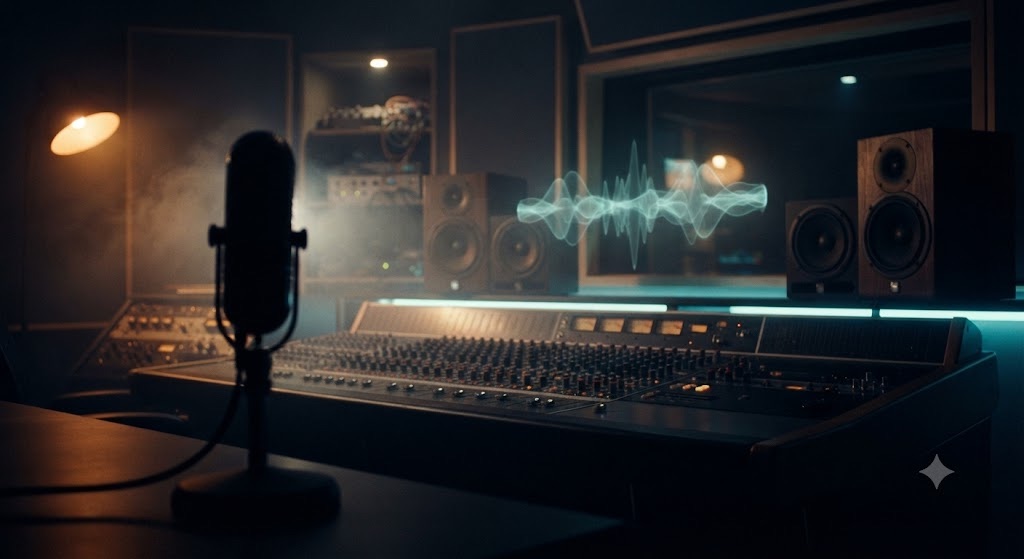 Sound studio with glowing neon audio waveforms