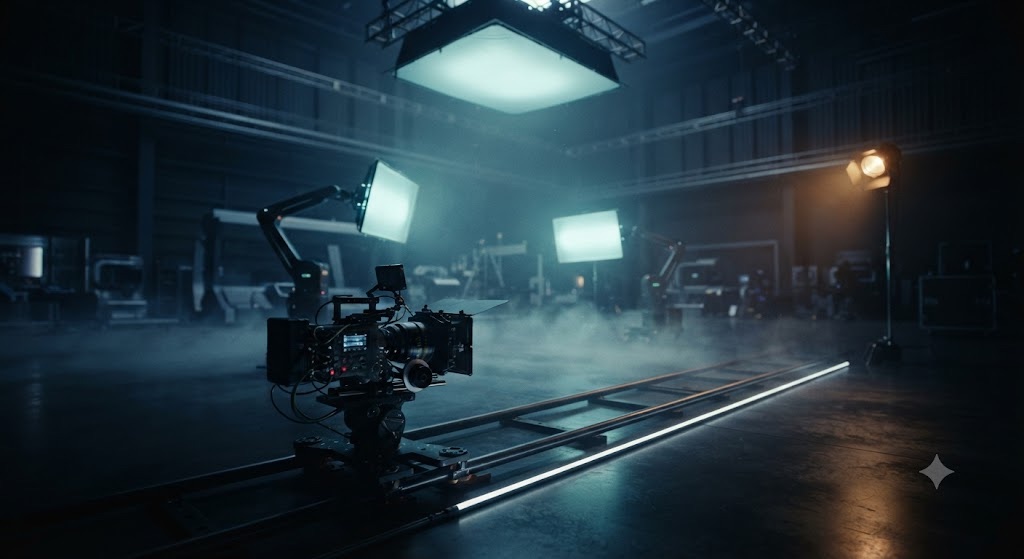 Cinematic film set with camera silhouette and neon light beams