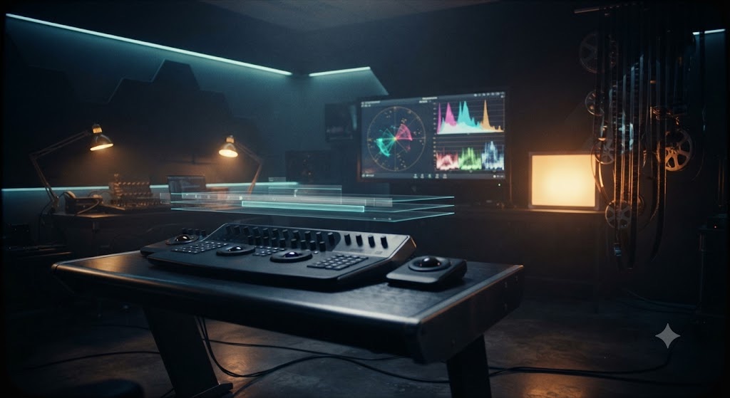 Post-production suite with color-grading monitors and film strips